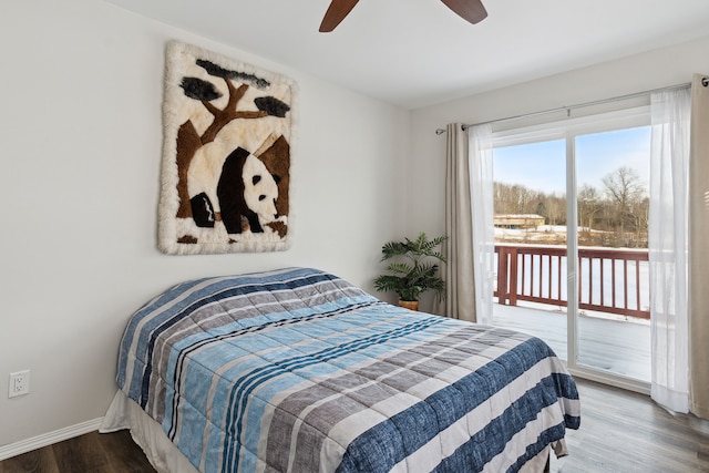 bedroom featuring ceiling fan, access to outside, and wood-type flooring