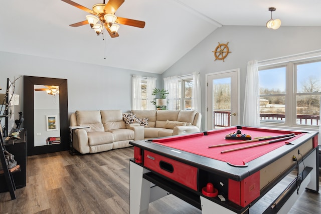 game room featuring ceiling fan, dark hardwood / wood-style floors, high vaulted ceiling, and beam ceiling