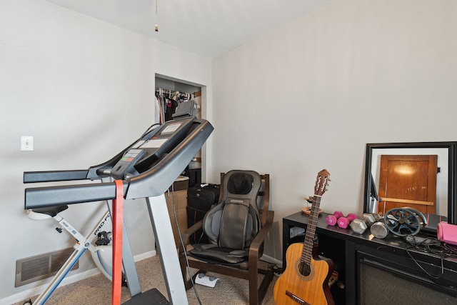 workout area featuring carpet flooring