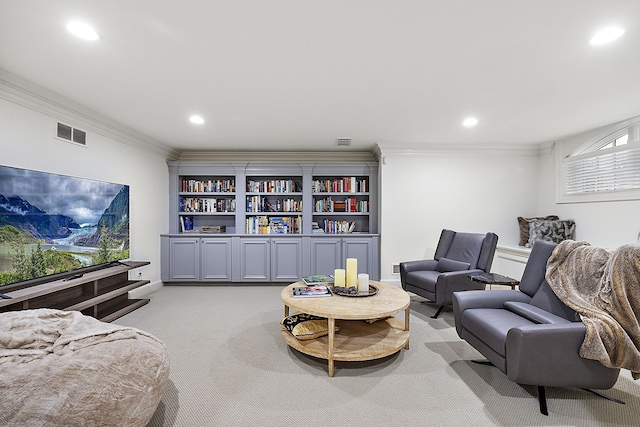 living room with crown molding and light carpet