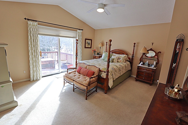 bedroom featuring vaulted ceiling, light carpet, access to exterior, and ceiling fan