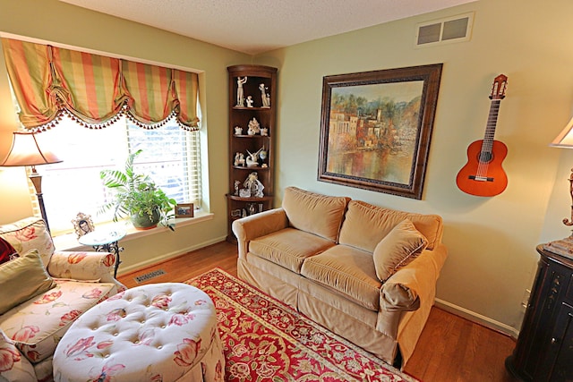 living room featuring wood-type flooring and a textured ceiling