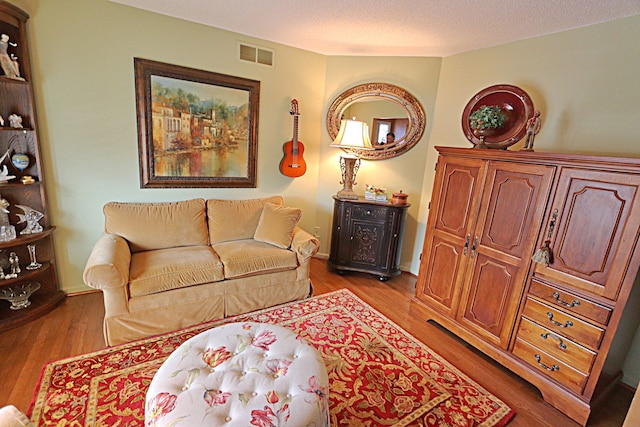 living room with hardwood / wood-style floors and a textured ceiling