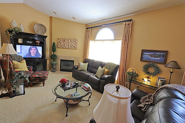 living room with carpet, lofted ceiling, and a textured ceiling