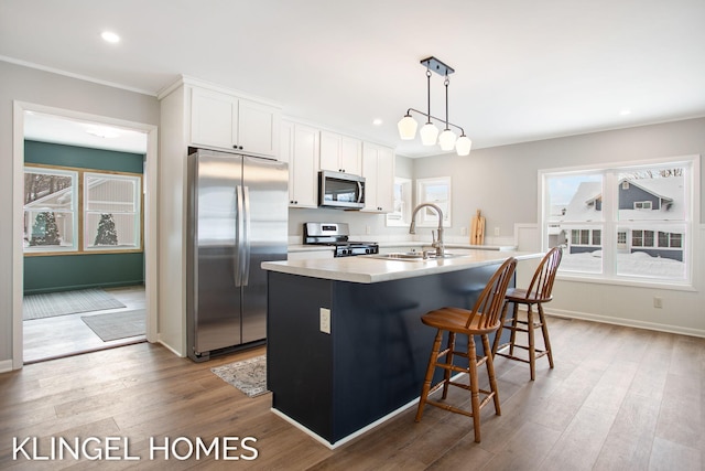 kitchen featuring pendant lighting, sink, white cabinets, a kitchen island with sink, and stainless steel appliances