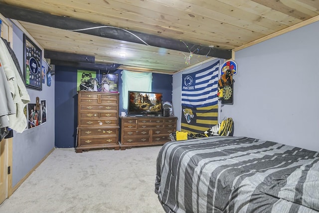 carpeted bedroom with wood ceiling