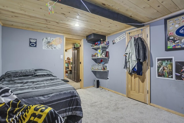 carpeted bedroom featuring wooden ceiling