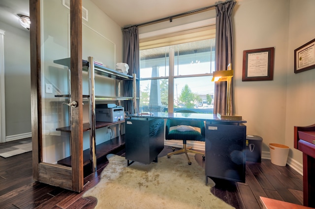 home office with dark wood-type flooring