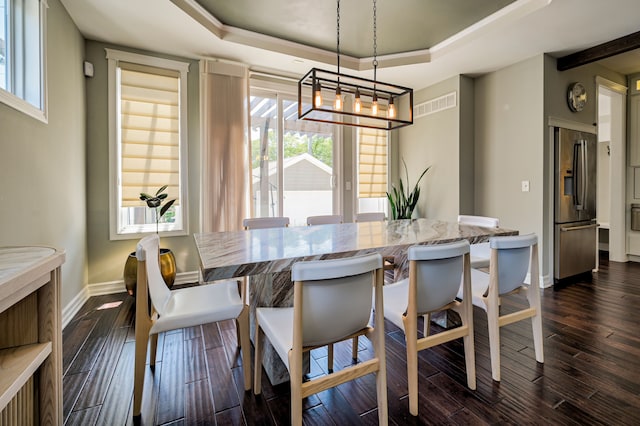 dining area featuring dark hardwood / wood-style floors and a tray ceiling