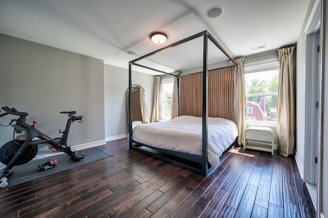 bedroom featuring multiple windows and dark hardwood / wood-style floors