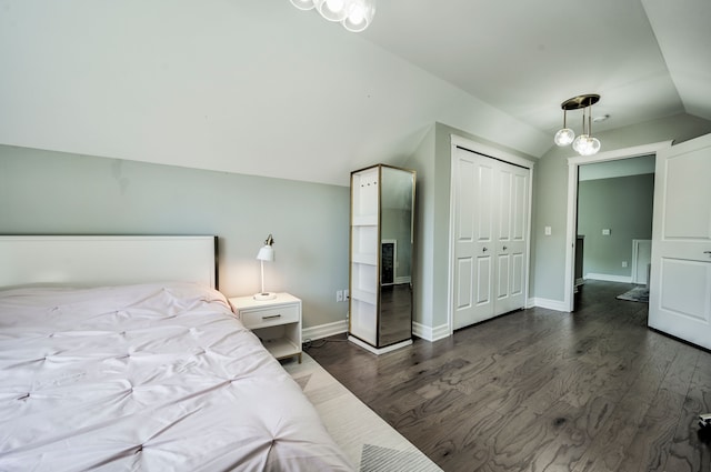 bedroom featuring lofted ceiling, dark wood-type flooring, and a closet