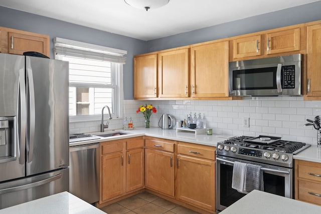 kitchen with sink, backsplash, stainless steel appliances, and light tile patterned floors