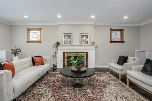 living room with dark hardwood / wood-style flooring and ornamental molding