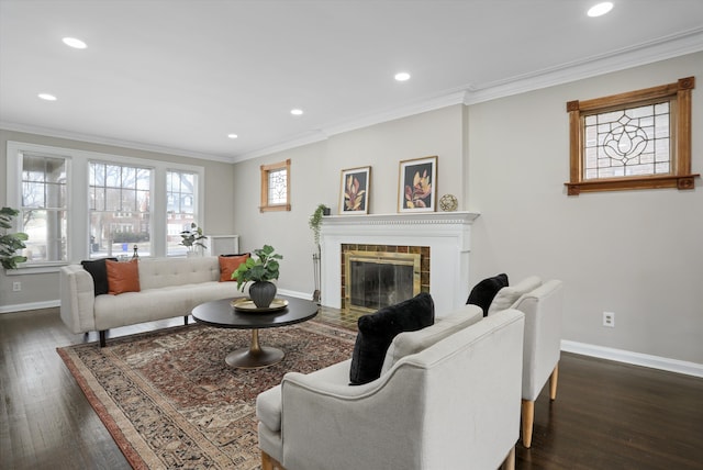 living room featuring ornamental molding and dark hardwood / wood-style floors