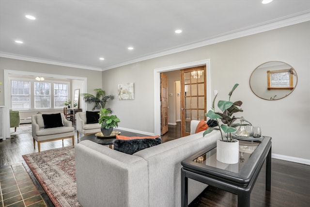 living room featuring crown molding, dark hardwood / wood-style floors, and a baseboard radiator