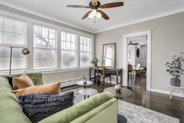 living room with dark wood-type flooring, ceiling fan, and baseboard heating