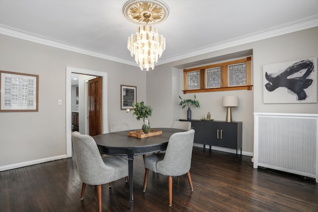 dining area with crown molding, radiator heating unit, dark hardwood / wood-style floors, and a chandelier