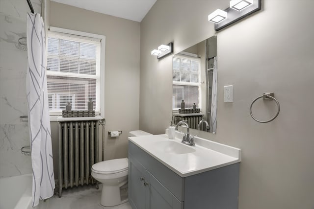 full bathroom with vanity, radiator, toilet, and shower / tub combo with curtain