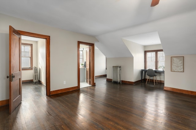 additional living space with dark hardwood / wood-style flooring, radiator, a wealth of natural light, and vaulted ceiling