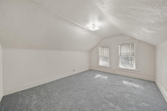 additional living space with vaulted ceiling, a textured ceiling, and carpet