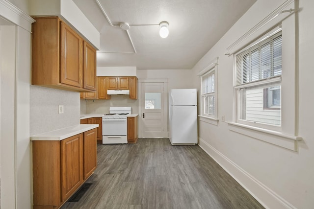 kitchen with dark hardwood / wood-style flooring and white appliances