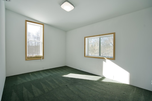 spare room with lofted ceiling and dark carpet