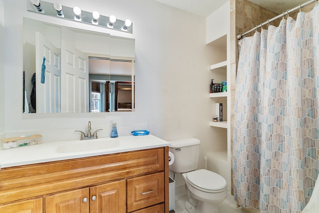 bathroom with vanity, curtained shower, a textured ceiling, and toilet