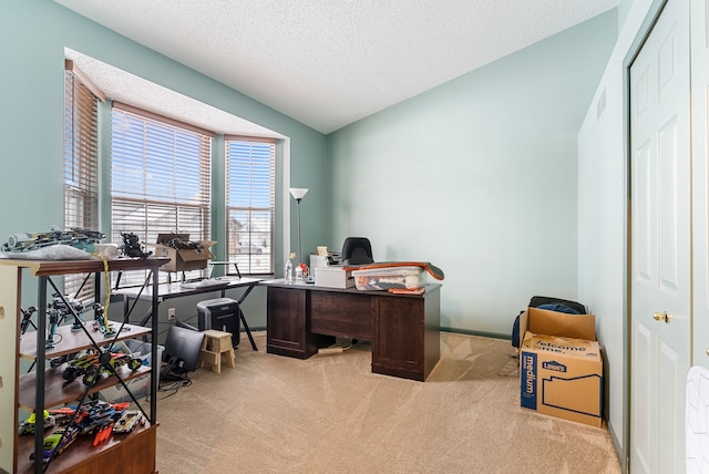 office space with lofted ceiling, light colored carpet, and a textured ceiling