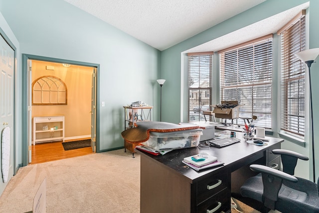 carpeted office space with lofted ceiling and a textured ceiling