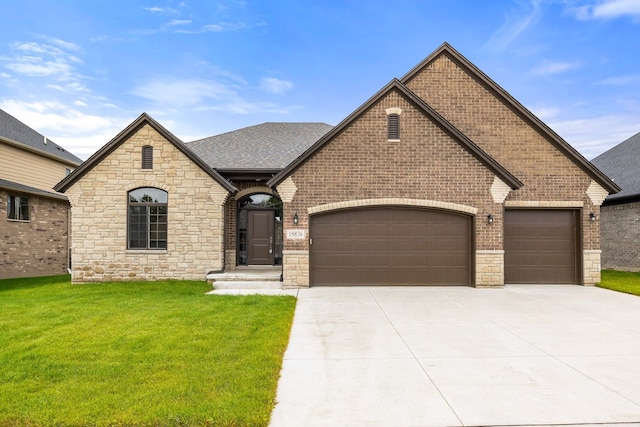 french country style house featuring a garage and a front yard