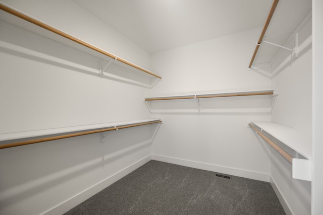 spacious closet with dark colored carpet