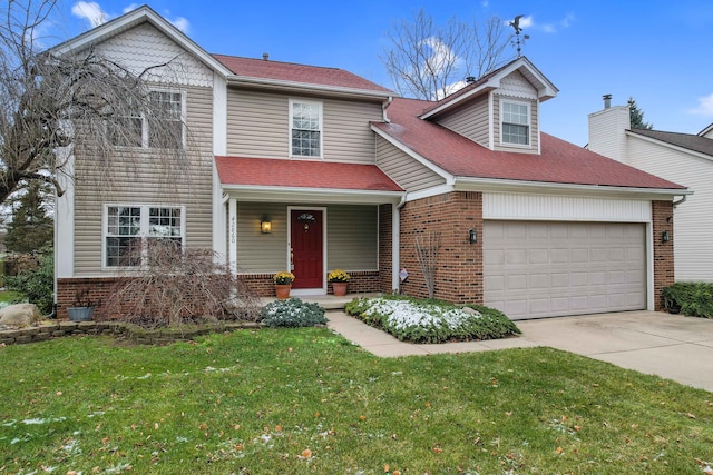 view of front of property featuring concrete driveway, brick siding, a front lawn, and roof with shingles