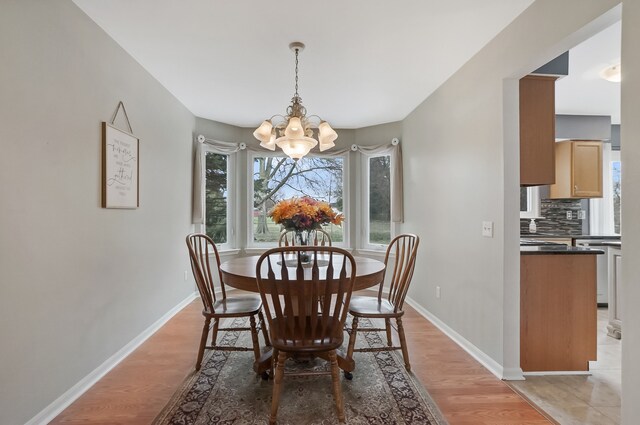 dining area with an inviting chandelier and light wood-type flooring