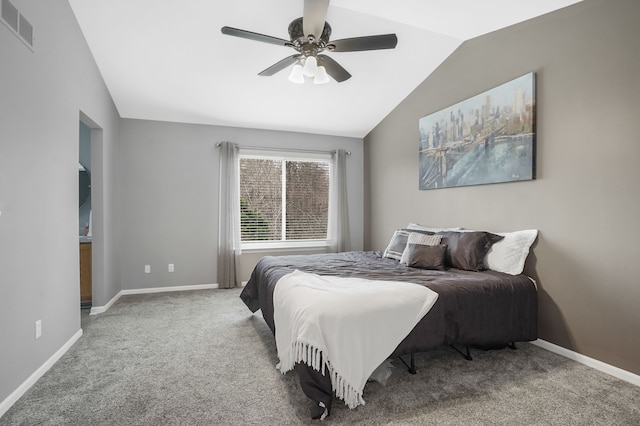 carpeted bedroom with lofted ceiling and ceiling fan