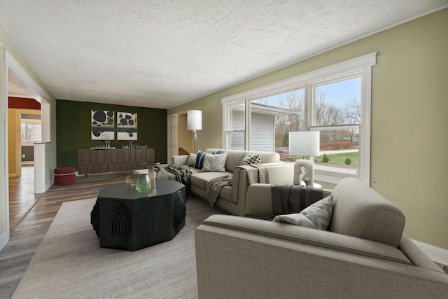 living room with hardwood / wood-style flooring, a wealth of natural light, and a textured ceiling