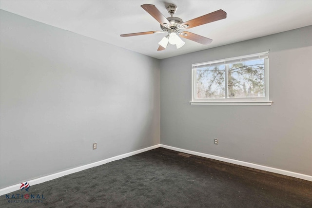 unfurnished room with ceiling fan and dark colored carpet