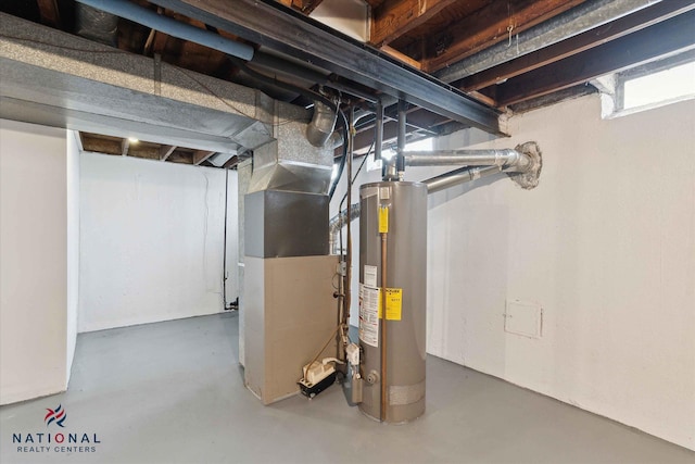 basement with heating unit and gas water heater