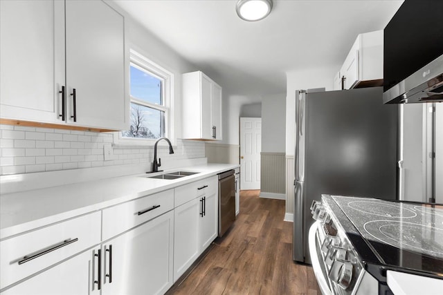 kitchen featuring sink, dark wood-type flooring, appliances with stainless steel finishes, white cabinets, and decorative backsplash