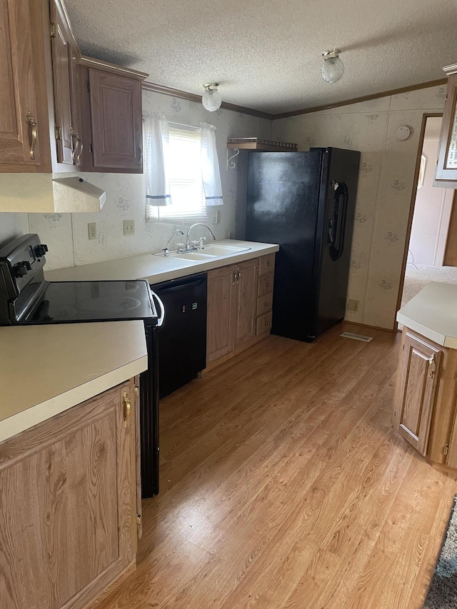 kitchen with ornamental molding, sink, light wood-type flooring, and black appliances