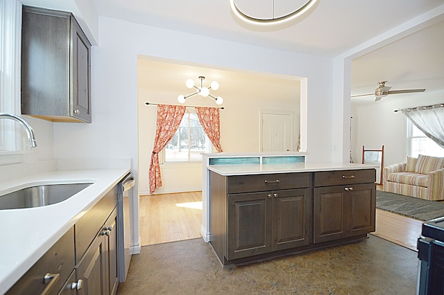 kitchen with plenty of natural light, sink, stainless steel dishwasher, and dark brown cabinetry