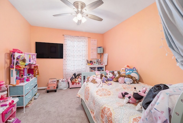 carpeted bedroom with ceiling fan