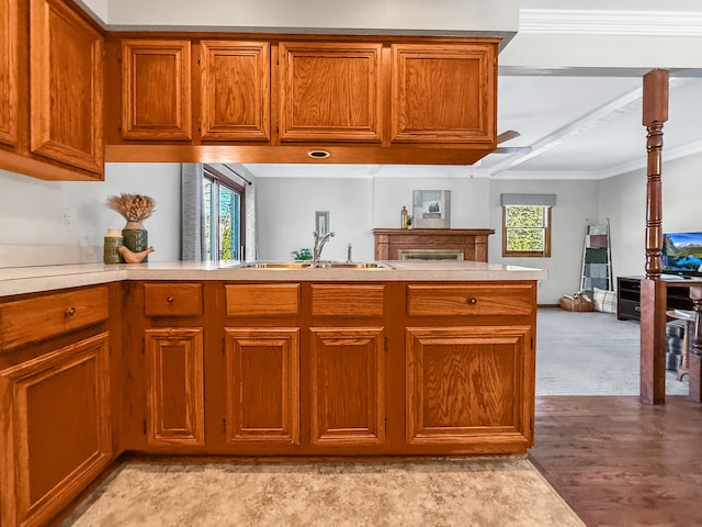 kitchen with crown molding, kitchen peninsula, sink, and light wood-type flooring