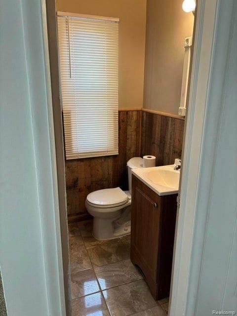 bathroom with vanity, toilet, and wood walls