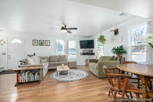 living room featuring ceiling fan and light hardwood / wood-style floors