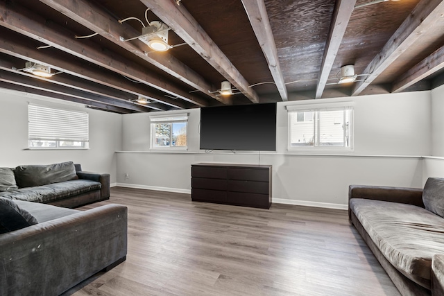 living room with wood-type flooring and beamed ceiling