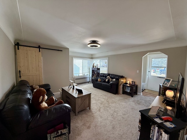 living room featuring a barn door, radiator heating unit, and light carpet