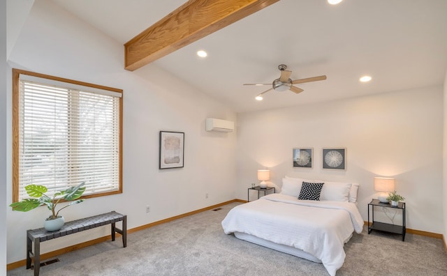 bedroom featuring an AC wall unit, vaulted ceiling with beams, light carpet, and ceiling fan