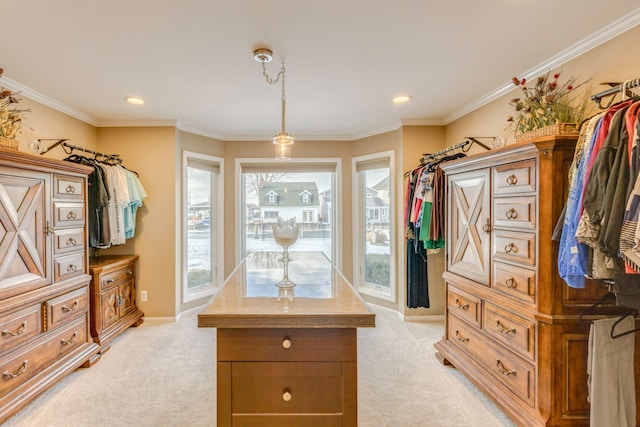 walk in closet featuring light carpet