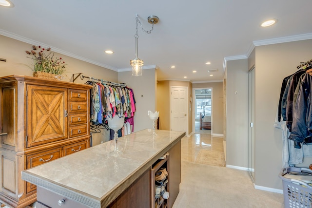 walk in closet with light colored carpet