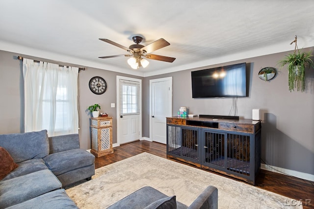 living room with ceiling fan and dark hardwood / wood-style flooring